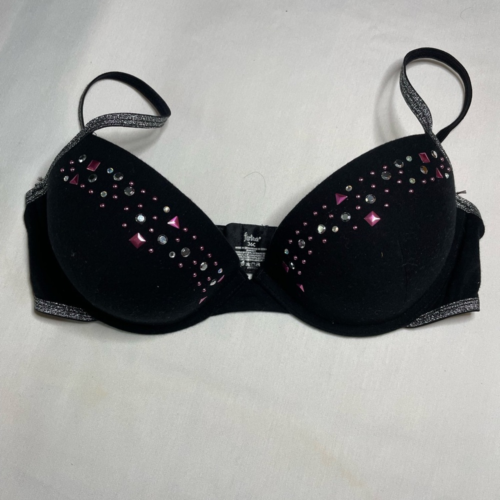 NWOT Flirtitude Black & Pink Rhinestone Bra w Push Up & Molded Cups Size 36C